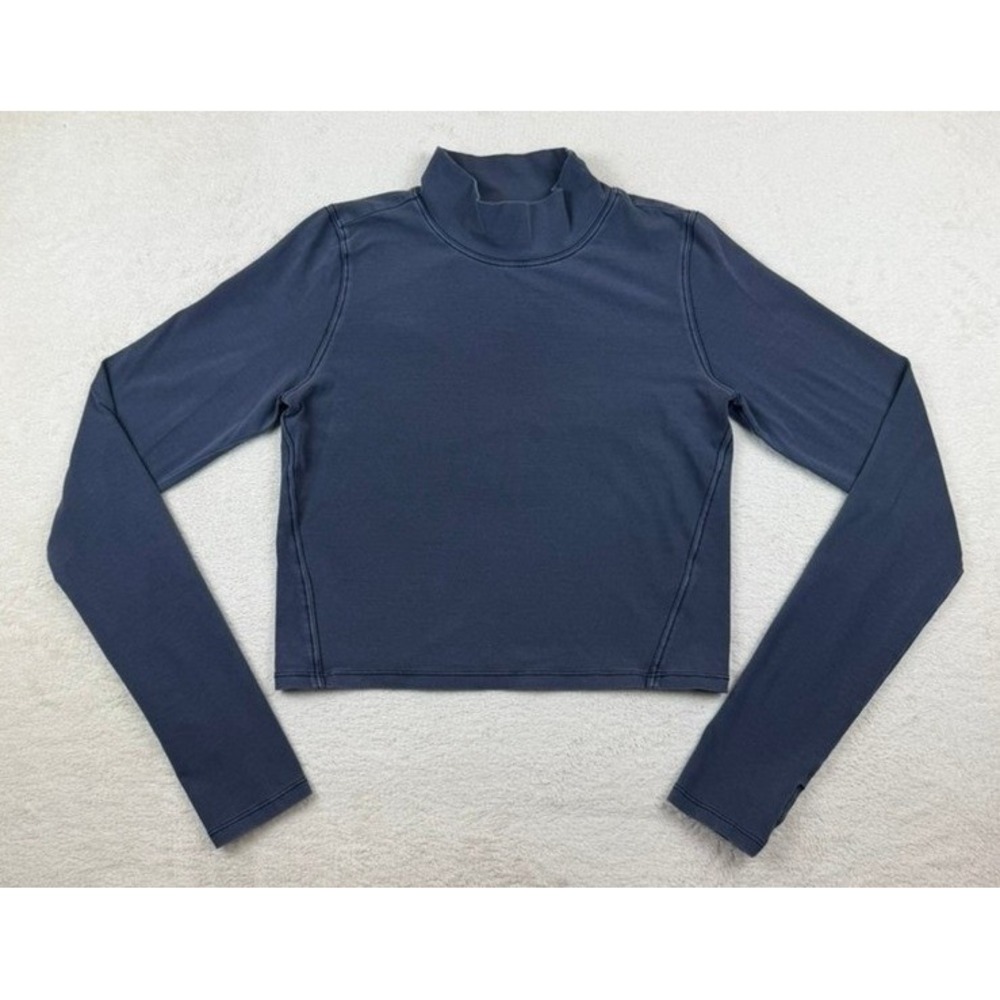 Free People Movement Mock Neck Long Sleeve Top Navy Blue S Thumbholes